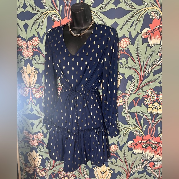 Navy blue dress with gold leaf pattern - Picture 2 of 6